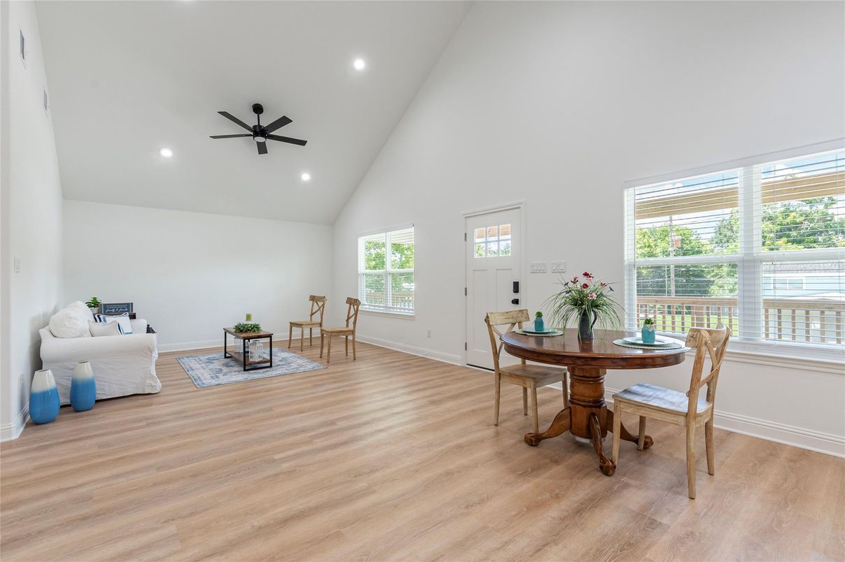 Dining room, Interior, Recessed Lighting, Wood Texture Flooring
