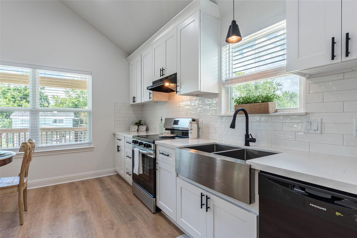 Interior, Kitchen, Pendant Lights, Stainless Steel Appliances, Wood Texture Flooring