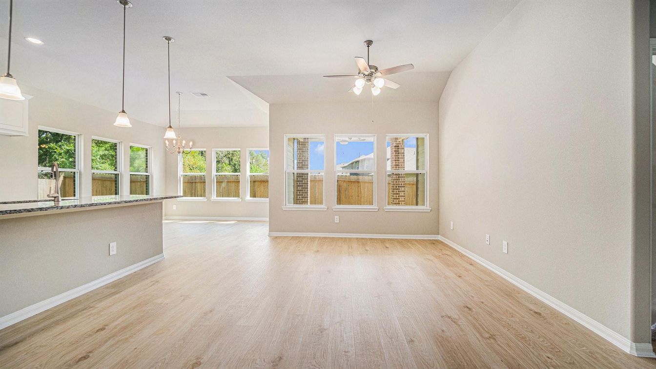 Empty room, Interior, Pendant Lights, Recessed Lighting, Wood Texture Flooring