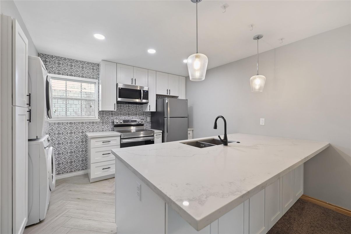 Interior, Kitchen, Pendant Lights, Recessed Lighting, Stainless Steel Appliances, Wood Texture Flooring