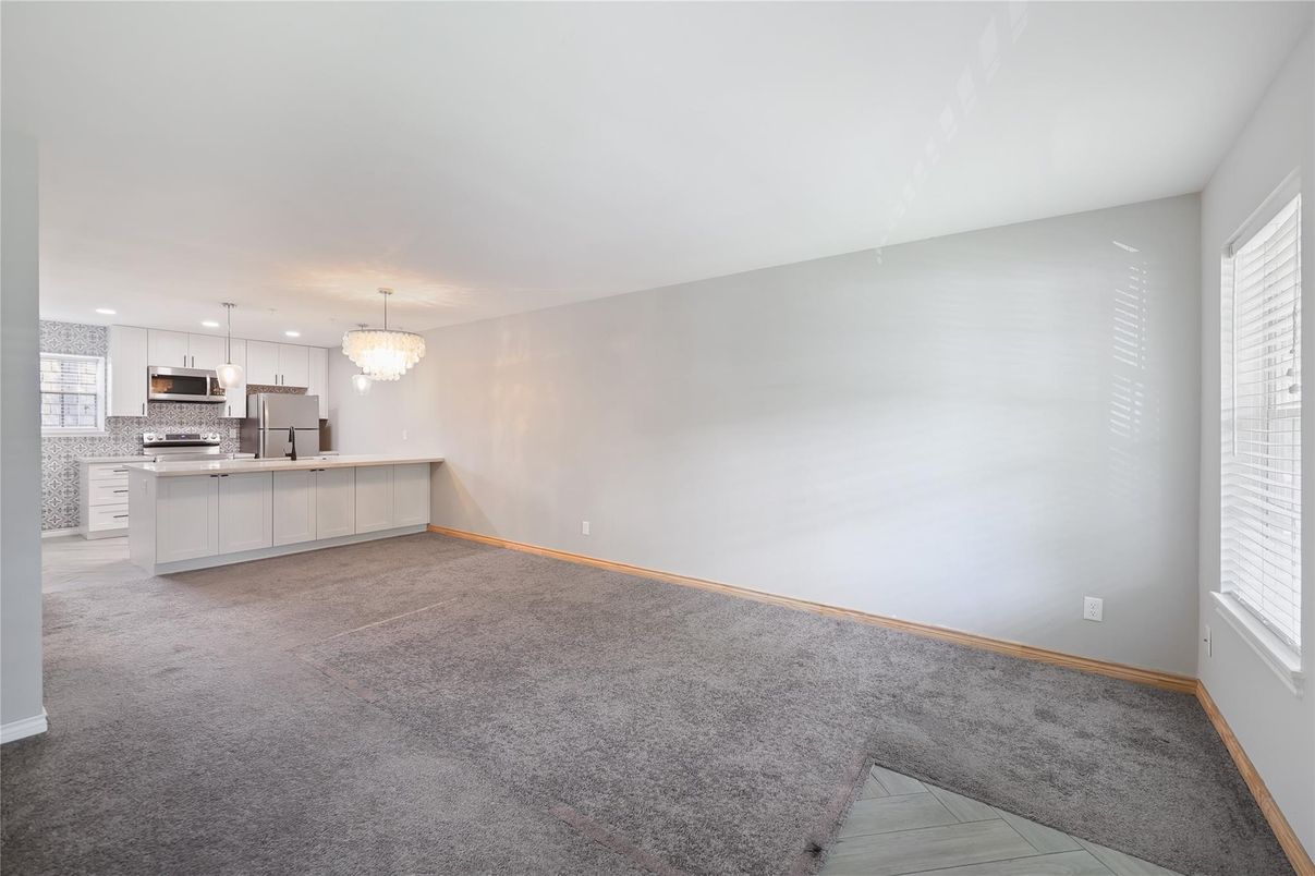Chandelier, Empty room, Interior, Kitchen, Pendant Lights, Recessed Lighting, Stainless Steel Appliances