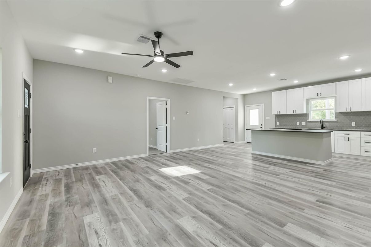 Empty room, Interior, Kitchen, Recessed Lighting, Wood Texture Flooring
