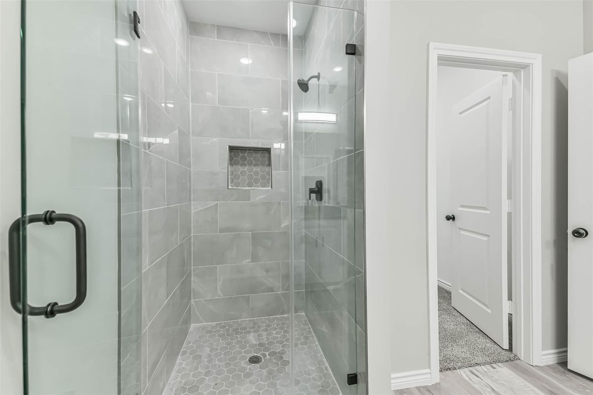 Bathroom, Glass Shower, Interior, Wood Texture Flooring