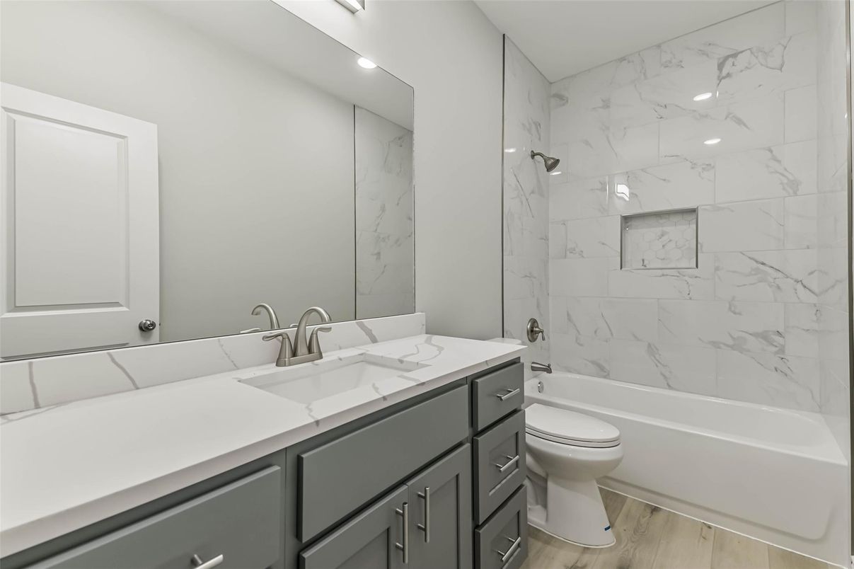 Bathroom, Interior, Marble Walls, Recessed Lighting, Wood Texture Flooring