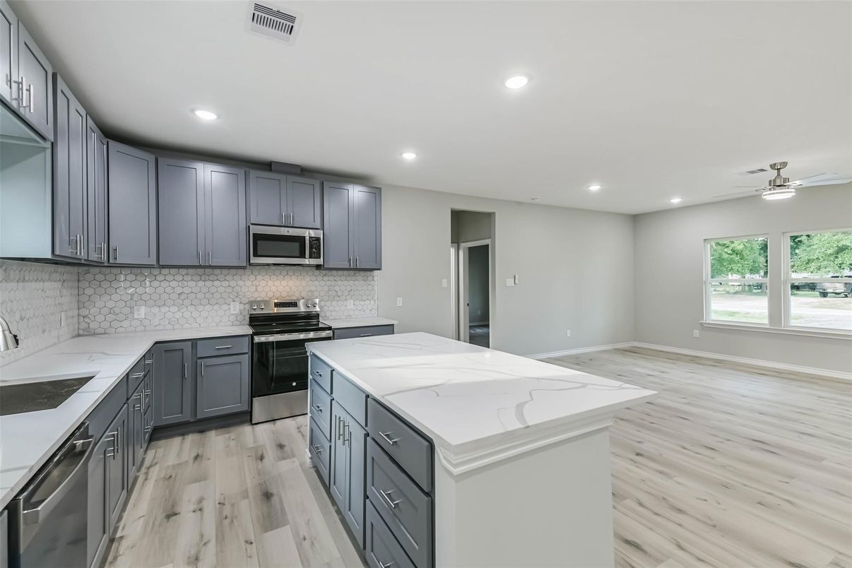 Interior, Kitchen, Recessed Lighting, Stainless Steel Appliances, Wood Texture Flooring