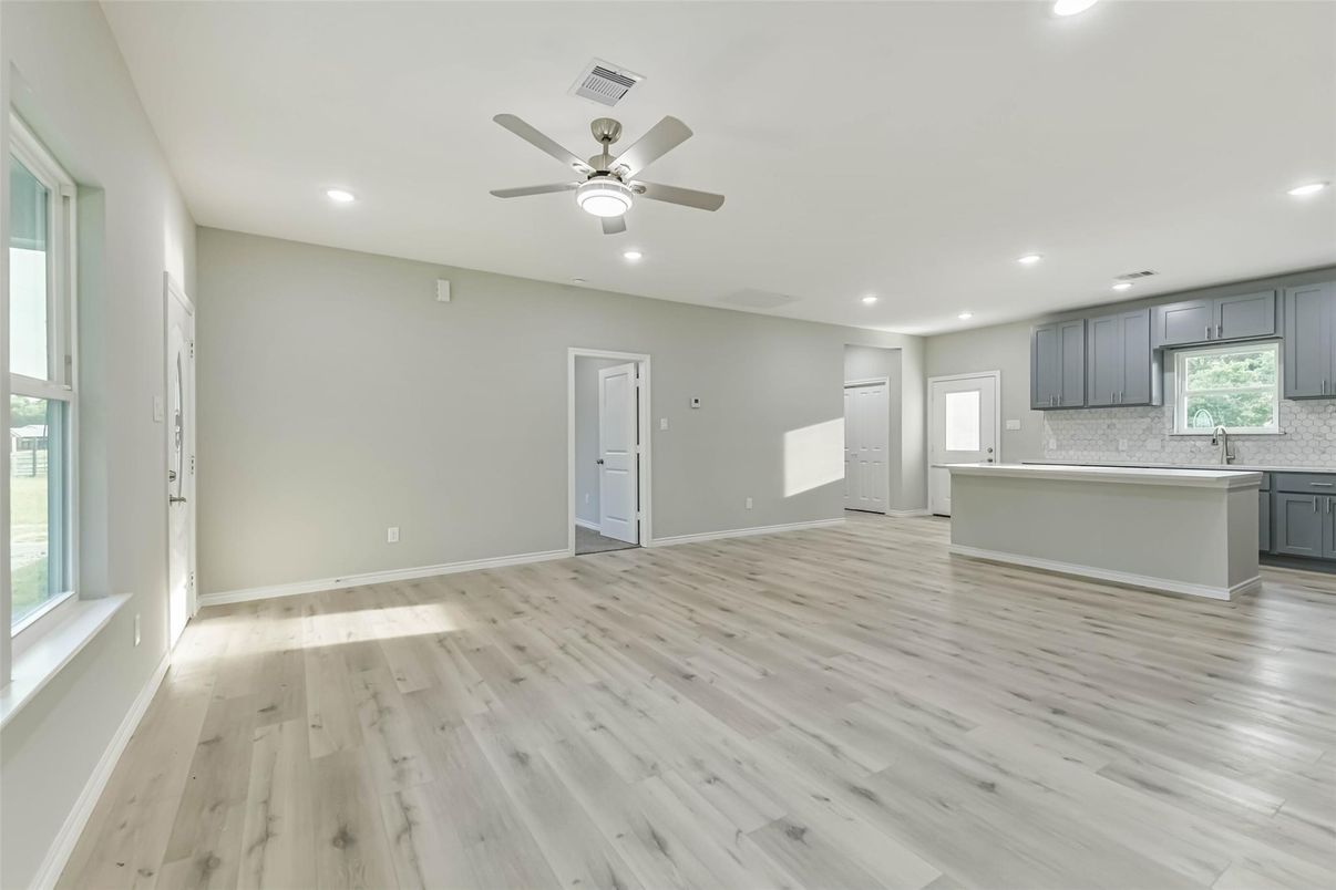 Empty room, Interior, Kitchen, Recessed Lighting, Wood Texture Flooring