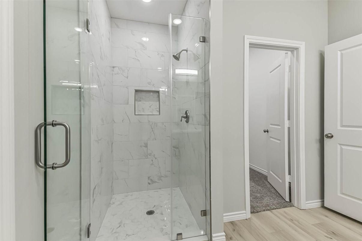 Bathroom, Glass Shower, Interior, Marble Walls, Recessed Lighting, Wood Texture Flooring