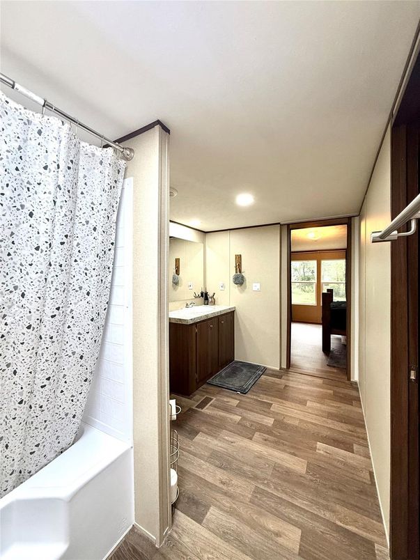 Bathroom, Interior, Recessed Lighting, Wood Texture Flooring