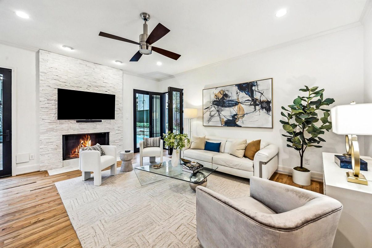 Fireplace, Interior, Living room, Recessed Lighting, Stone Walls, Wood Texture Flooring