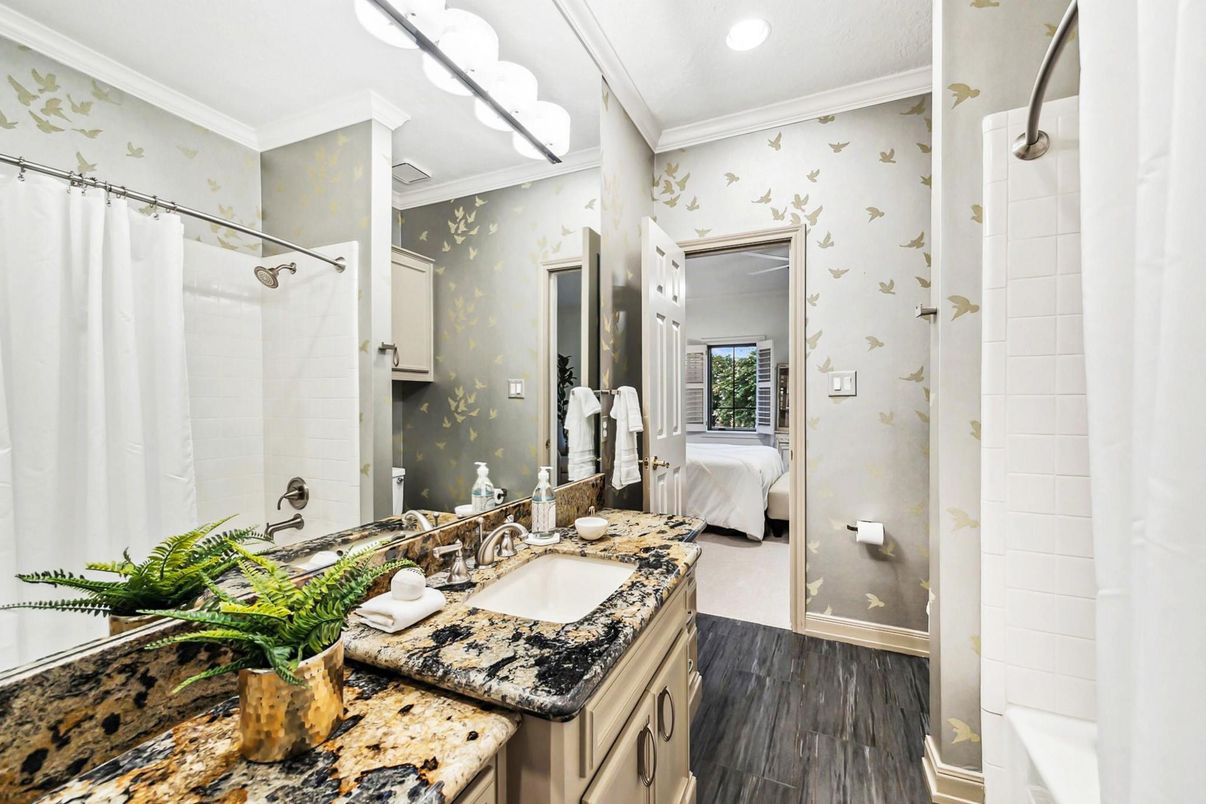 Bathroom, Bedroom, Dual Sink Vanities, Interior, Recessed Lighting, Wood Texture Flooring