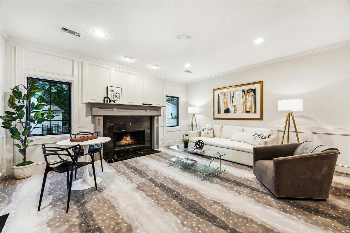 Dining room, Fireplace, Interior, Living room, Recessed Lighting