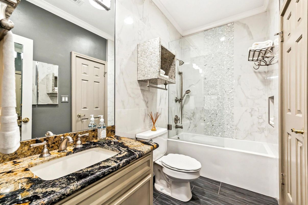 Bathroom, Interior, Marble Walls, Wood Texture Flooring