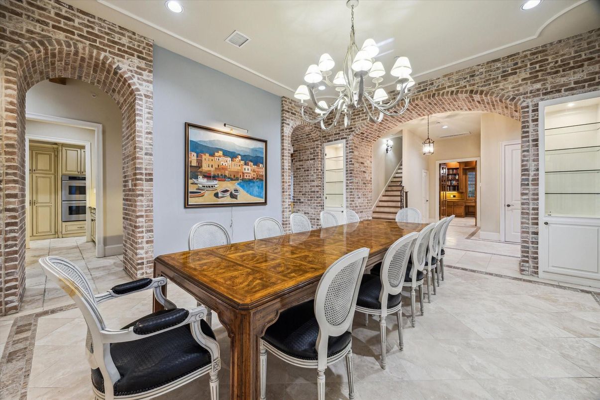 Chandelier, Dining room, Interior, Pendant Lights, Recessed Lighting, Stone Walls