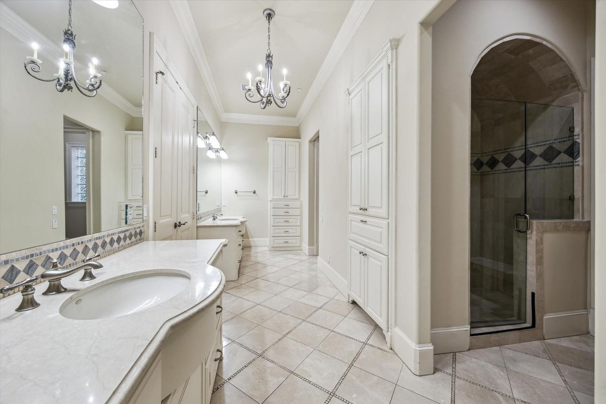 Bathroom, Chandelier, Dual Sink Vanities, Glass Shower, Interior