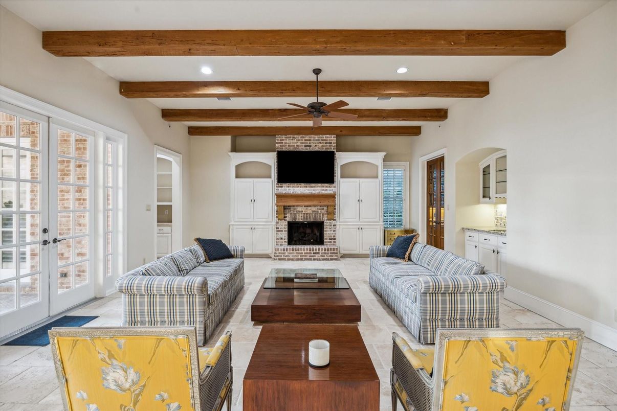 Fireplace, Interior, Living room, Recessed Lighting, Wooden Beams
