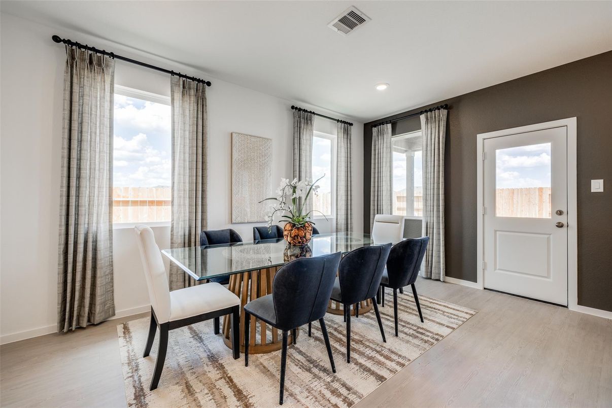 Dining room, Interior, Recessed Lighting, Wood Texture Flooring