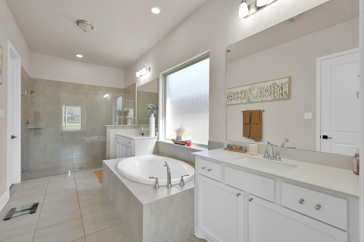 Bathroom, Dual Sink Vanities, Glass Shower, Interior, Recessed Lighting