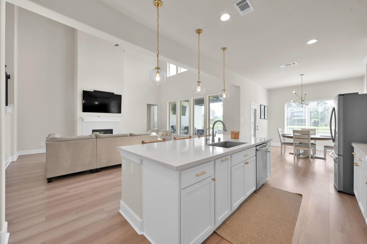 Dining room, Fireplace, Interior, Kitchen, Living room, Pendant Lights, Recessed Lighting, Wood Texture Flooring