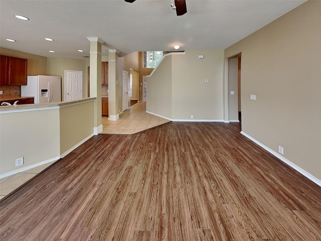 Empty room, Interior, Kitchen, Recessed Lighting, Wood Texture Flooring