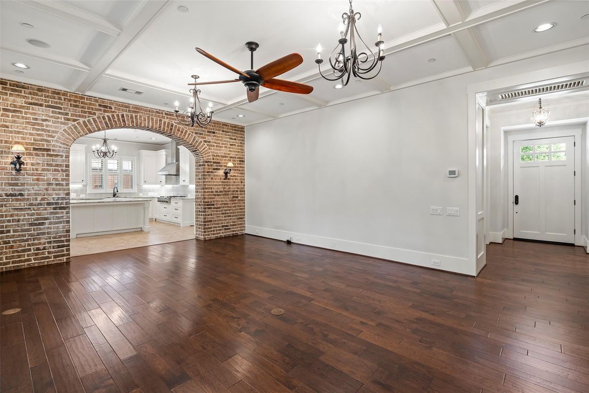 Chandelier, Empty room, Interior, Kitchen, Recessed Lighting, Stone Walls, Wood Texture Flooring