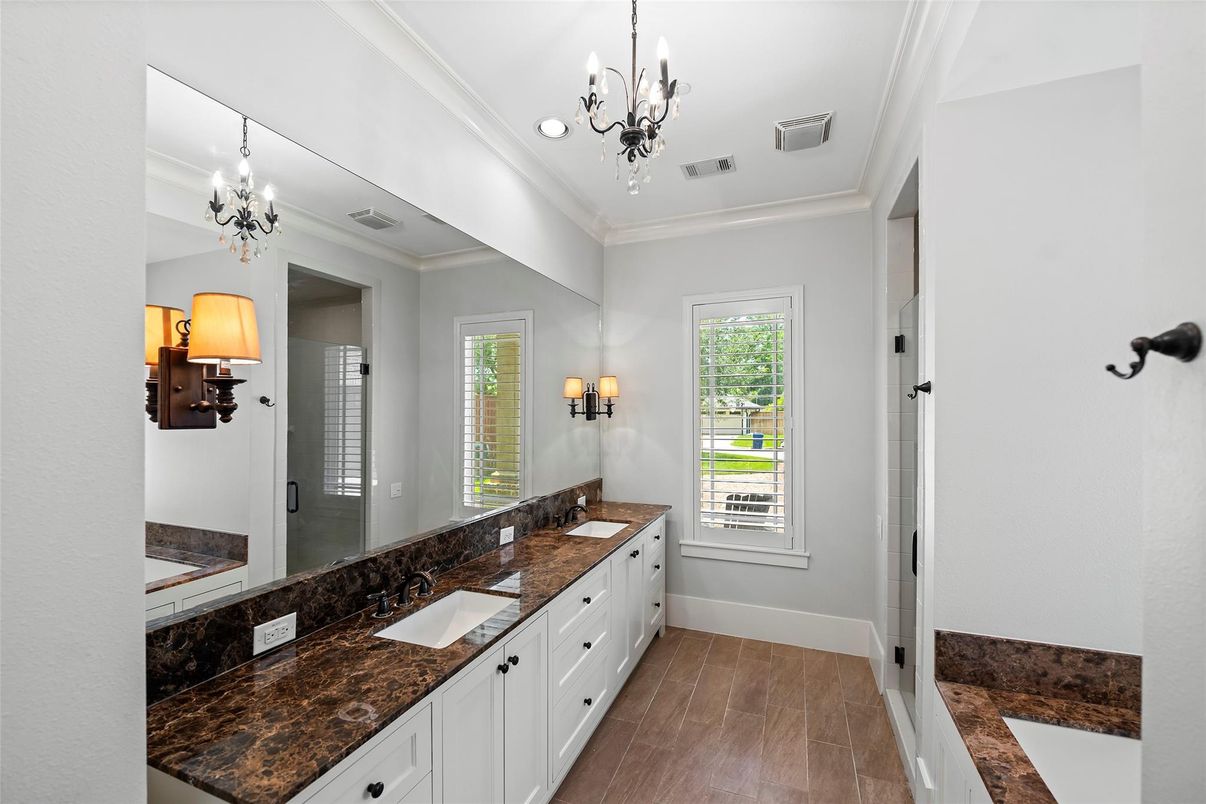 Bathroom, Chandelier, Dual Sink Vanities, Interior, Recessed Lighting, Wood Texture Flooring