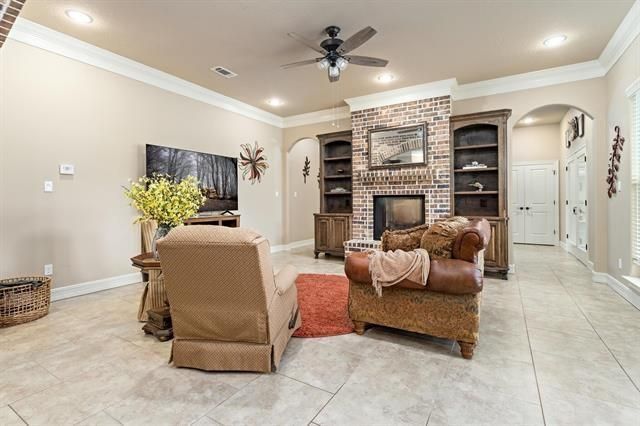 Fireplace, Interior, Living room, Recessed Lighting, Stone Walls