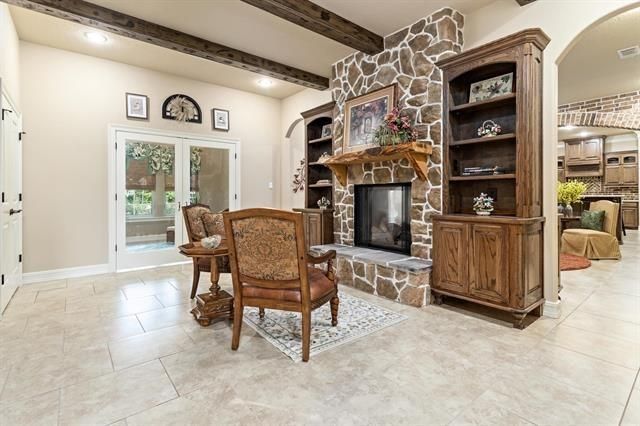 Fireplace, Interior, Recessed Lighting, Wooden Beams