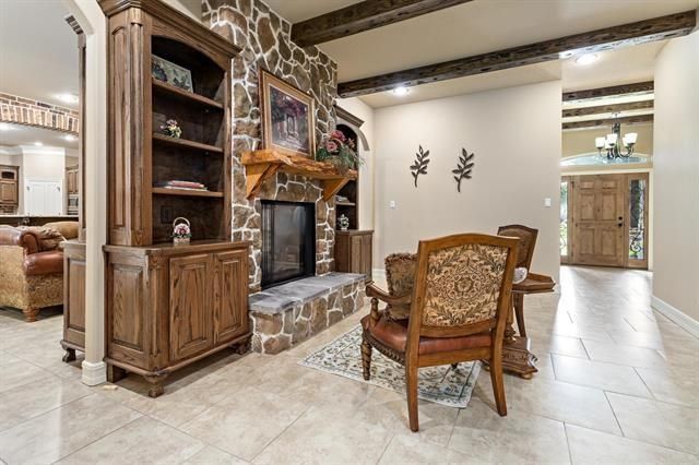 Chandelier, Dining room, Fireplace, Interior, Recessed Lighting, Wooden Beams