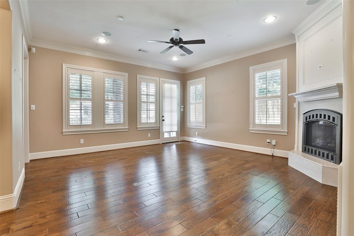 Empty room, Fireplace, Interior, Recessed Lighting, Wood Texture Flooring
