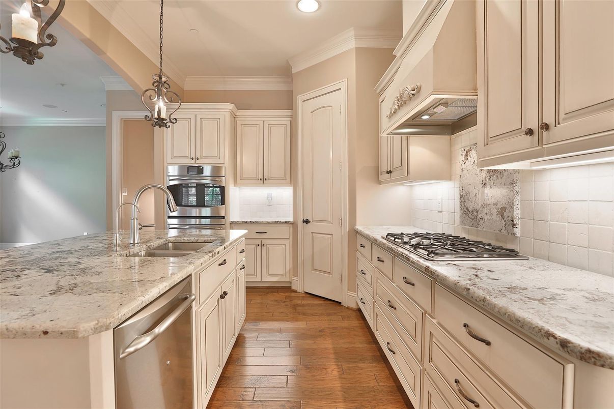 Interior, Kitchen, Pendant Lights, Recessed Lighting, Stainless Steel Appliances, Wood Texture Flooring
