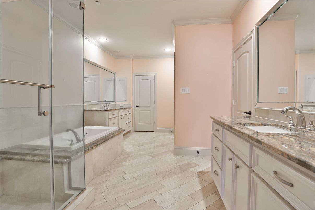 Bathroom, Dual Sink Vanities, Glass Shower, Interior, Recessed Lighting