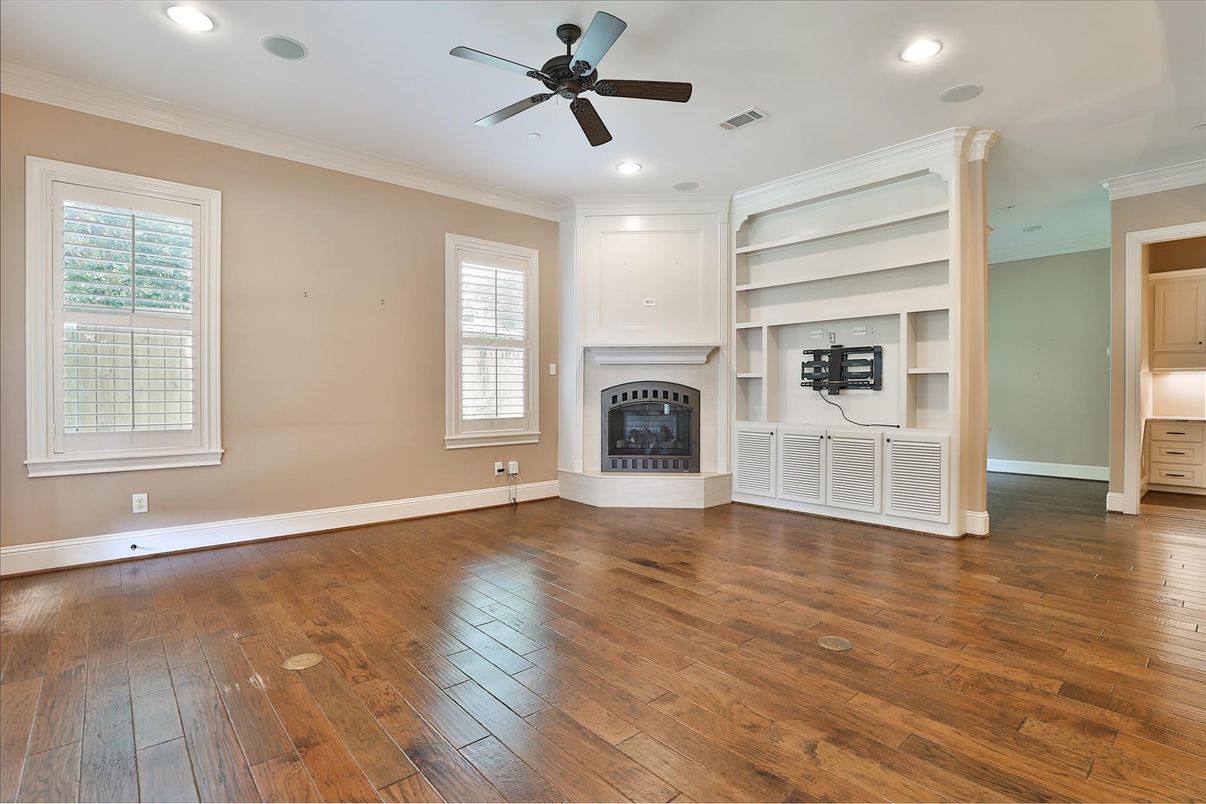 Empty room, Fireplace, Interior, Recessed Lighting, Wood Texture Flooring