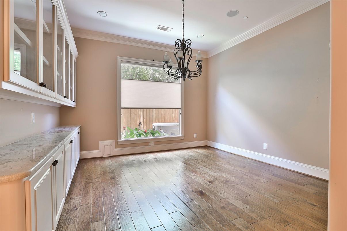 Chandelier, Empty room, Interior, Recessed Lighting, Wood Texture Flooring