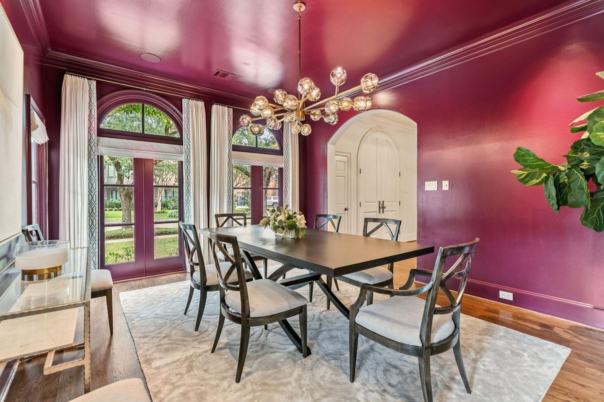 Dining room, Interior, Pendant Lights, Recessed Lighting, Wood Texture Flooring