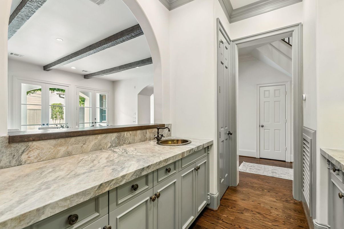 Bathroom, Interior, Recessed Lighting, Wooden Beams, Wood Texture Flooring