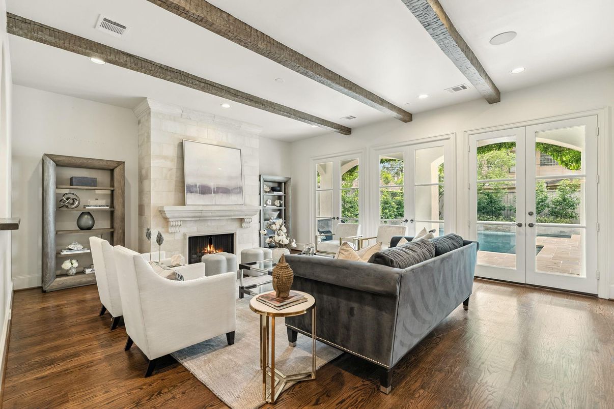 Fireplace, Interior, Living room, Recessed Lighting, Wooden Beams, Wood Texture Flooring