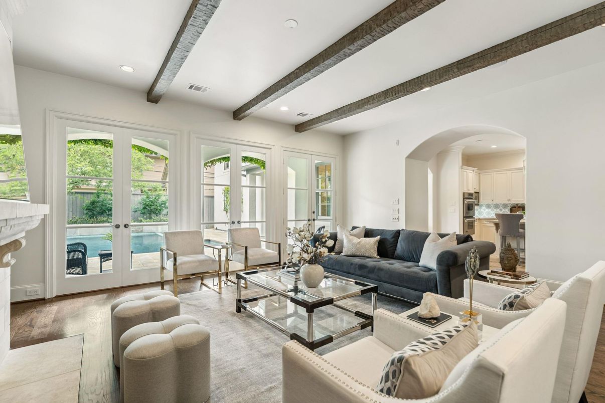 Fireplace, Interior, Living room, Recessed Lighting, Wooden Beams, Wood Texture Flooring