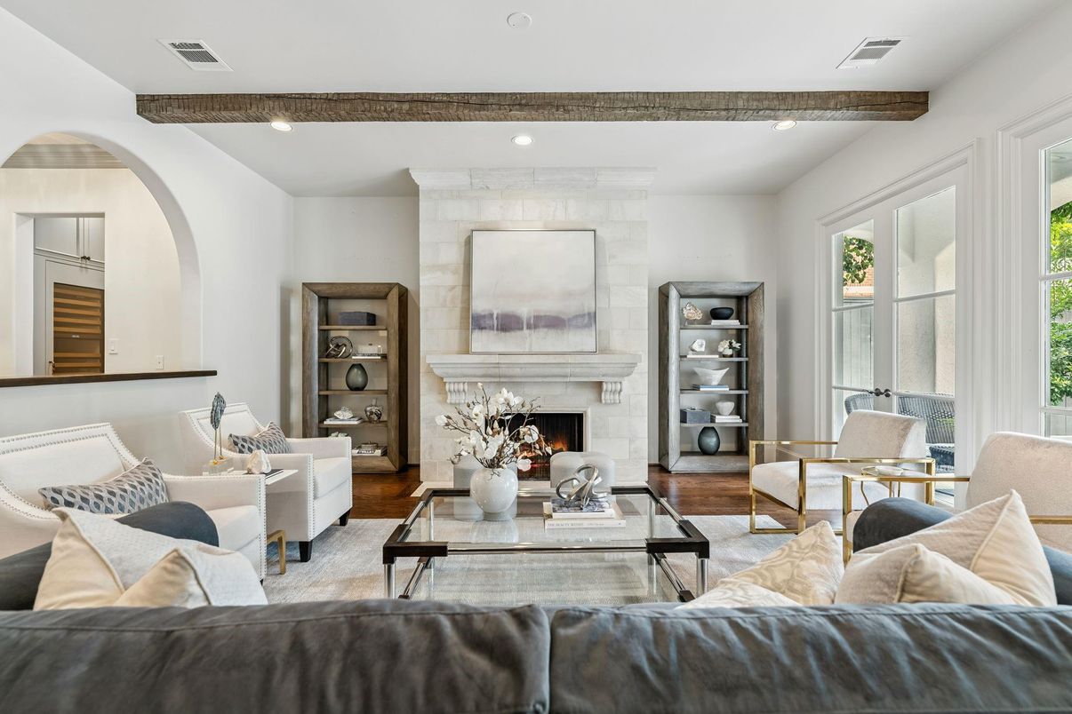 Fireplace, Interior, Living room, Recessed Lighting, Stone Walls, Wooden Beams, Wood Texture Flooring