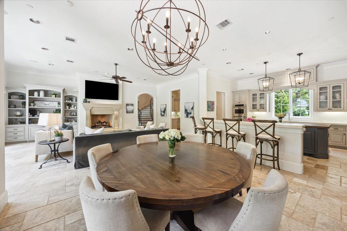 Chandelier, Dining room, Fireplace, Interior, Kitchen, Living room, Pendant Lights, Recessed Lighting