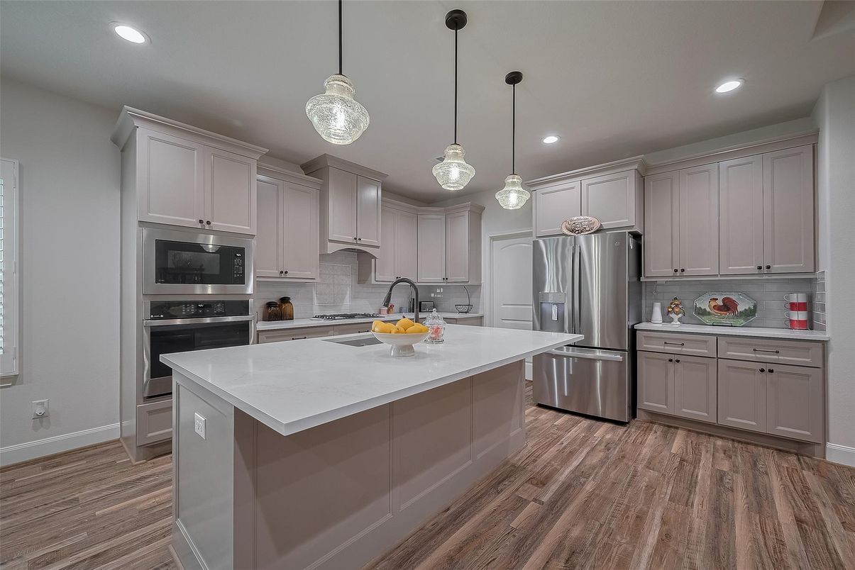 Interior, Kitchen, Pendant Lights, Recessed Lighting, Stainless Steel Appliances, Wood Texture Flooring