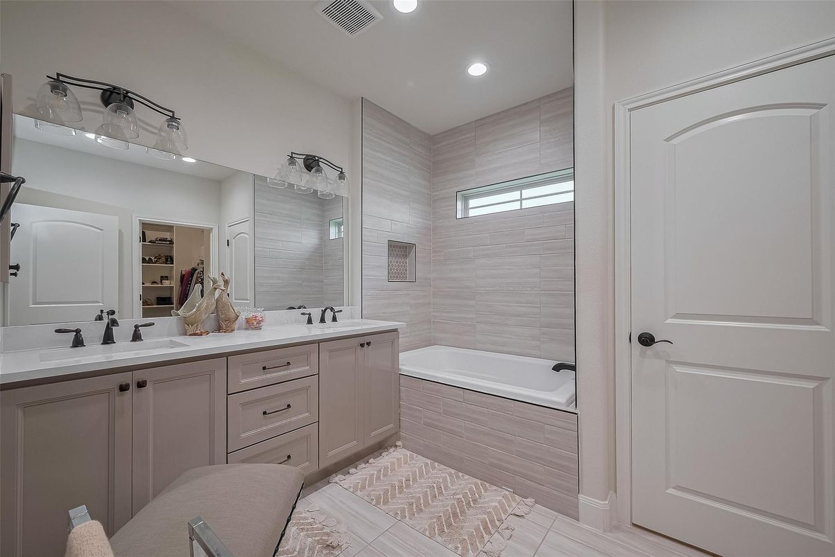 Bathroom, Dual Sink Vanities, Glass Shower, Interior, Recessed Lighting, Wood Texture Flooring