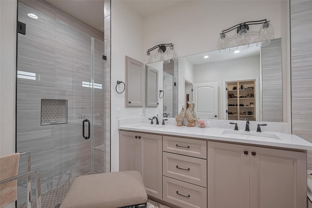 Bathroom, Dual Sink Vanities, Glass Shower, Interior, Recessed Lighting