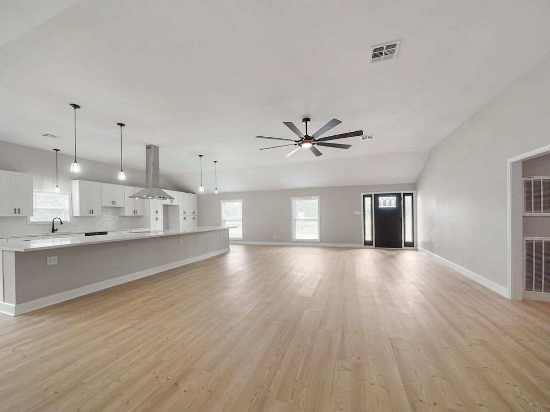 Empty room, Interior, Kitchen, Pendant Lights, Wood Texture Flooring