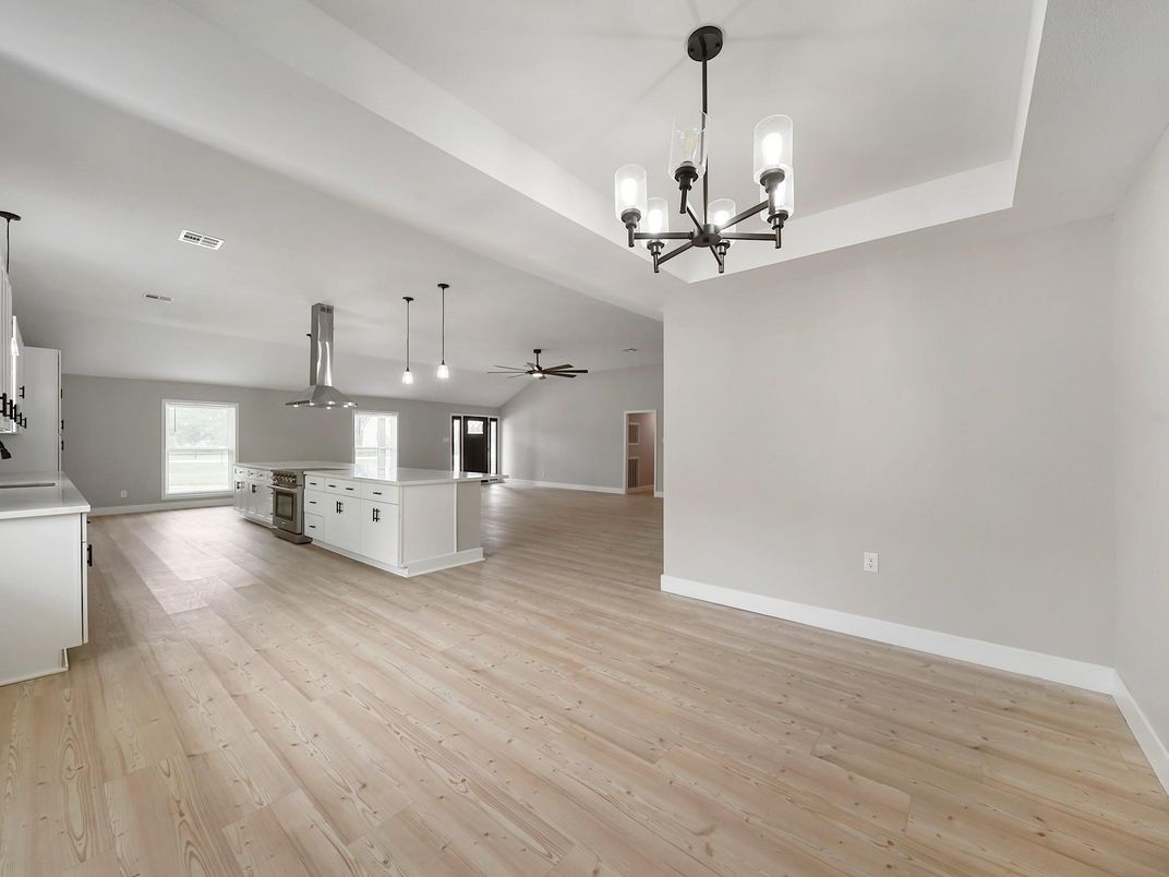 Empty room, Interior, Kitchen, Pendant Lights, Wood Texture Flooring