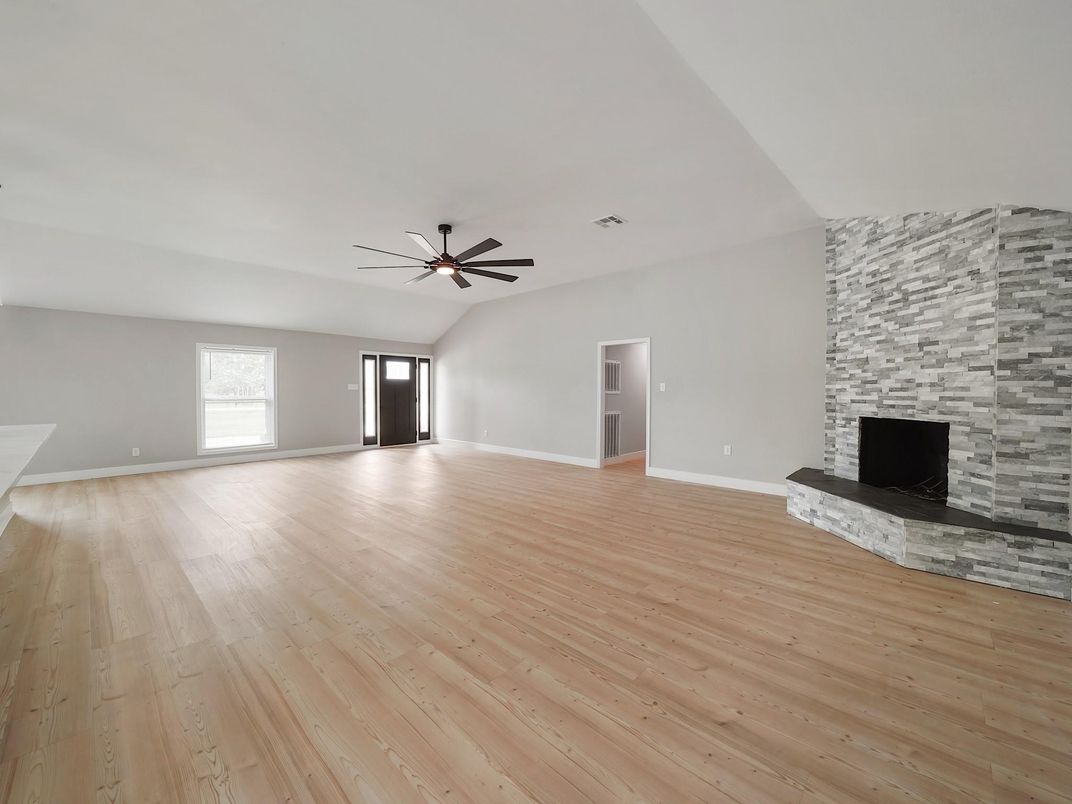 Empty room, Fireplace, Interior, Stone Walls, Wood Texture Flooring