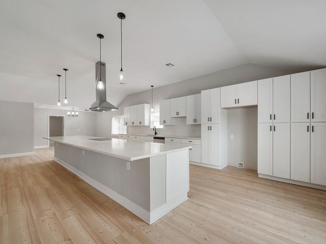 Interior, Kitchen, Pendant Lights, Wood Texture Flooring