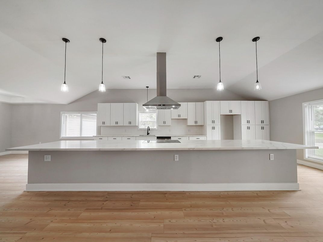 Fireplace, Interior, Kitchen, Pendant Lights, Wood Texture Flooring
