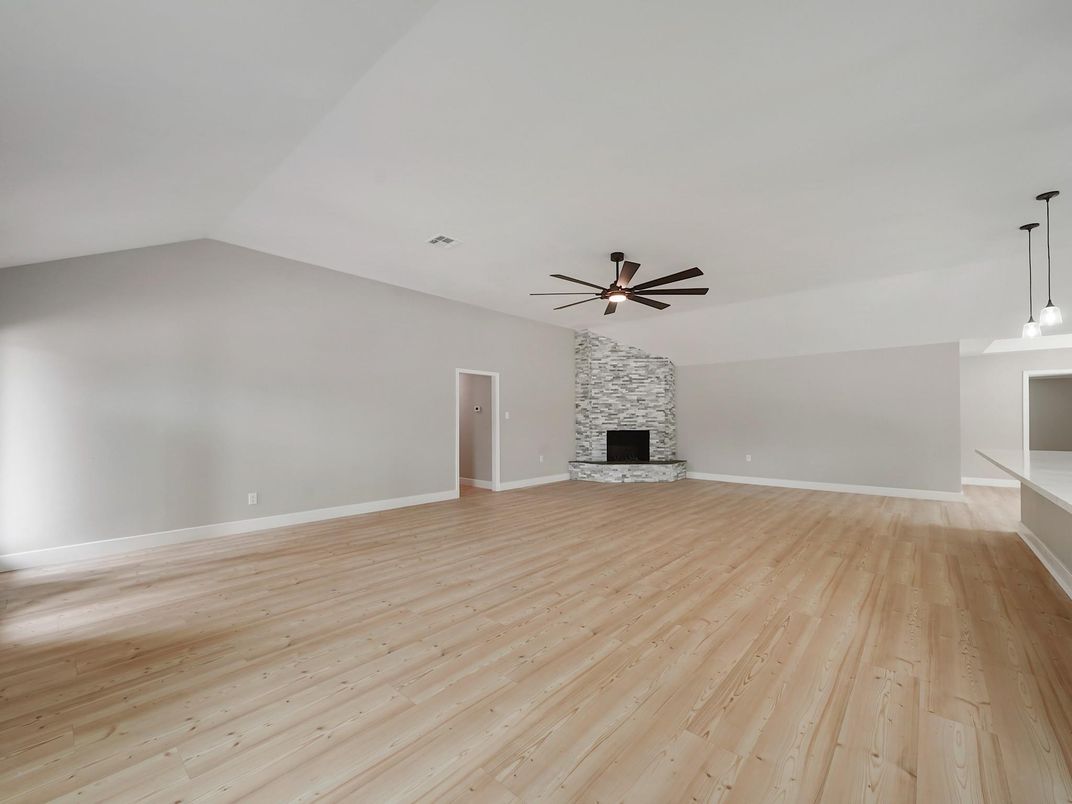 Empty room, Fireplace, Interior, Pendant Lights, Wood Texture Flooring