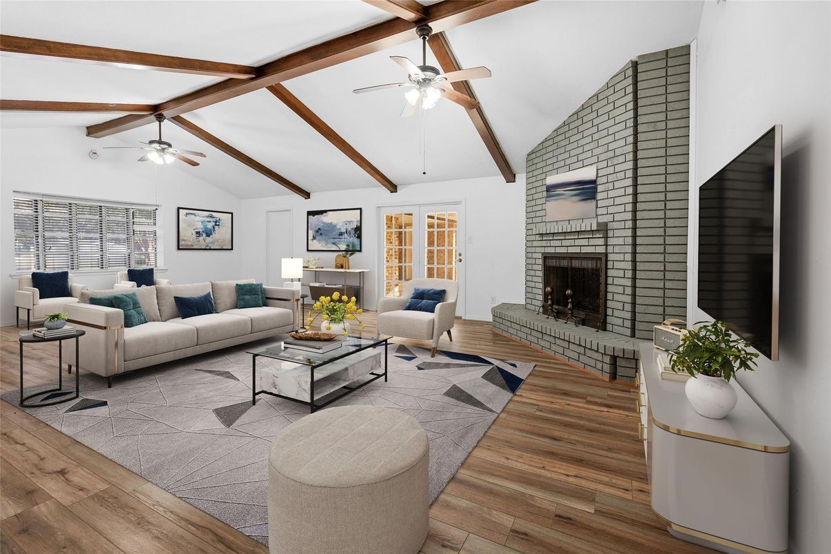 Fireplace, Interior, Living room, Wooden Beams, Wood Texture Flooring