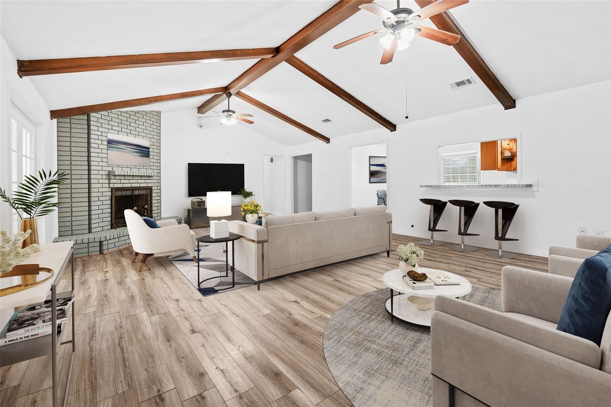 Fireplace, Interior, Living room, Stone Walls, Wooden Beams, Wood Texture Flooring